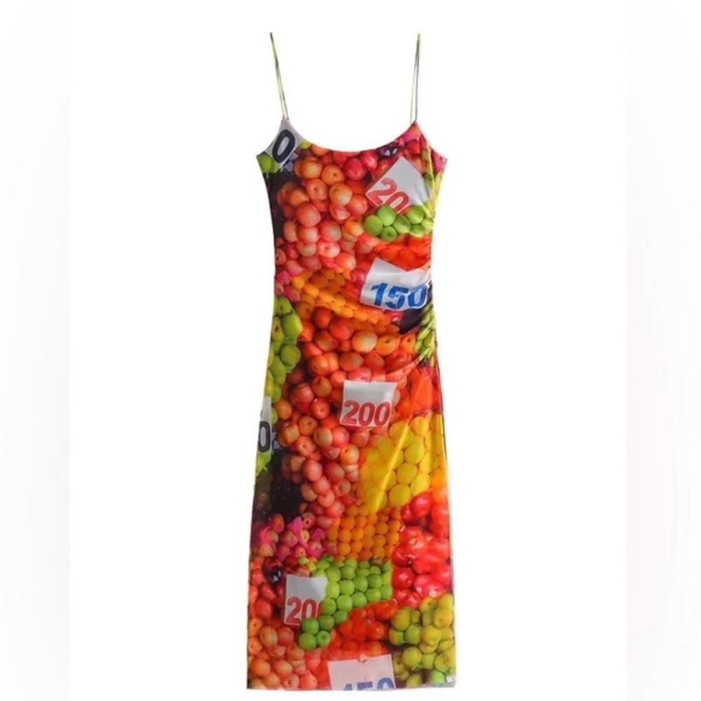 Zara blogger favorite spaghetti strap draped fruit dress